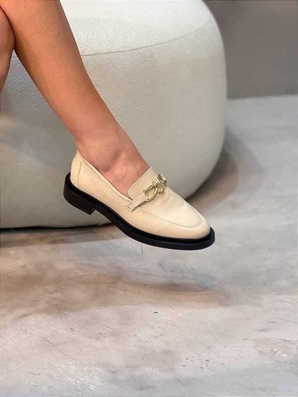 Mocassim Feminino Verona Off-white em couro legítimo