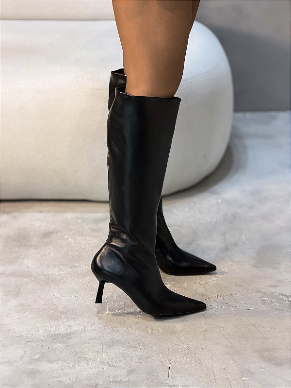 Bota Feminina Amélia Preta Cano longo em couro legítimo