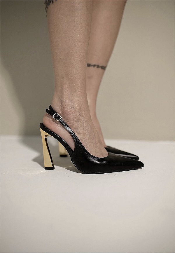 Slingback Feminino Alana Preto em Couro legítimo com Salto cromado