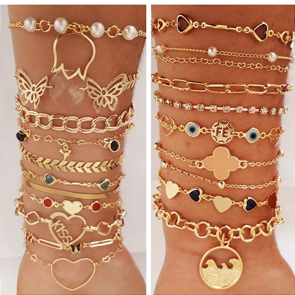 Kit 10 Pulseiras Femininas Semi Joias Folheadas