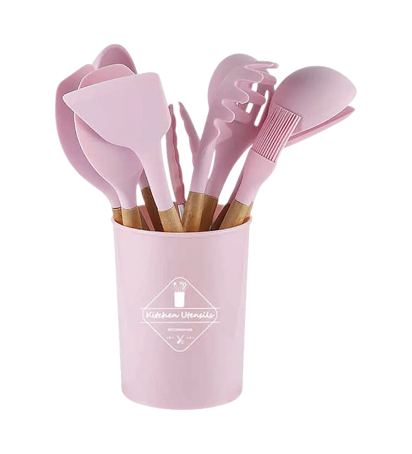 Kit Utensilios 12 Peças Silicone Rosa CK6991 Clink