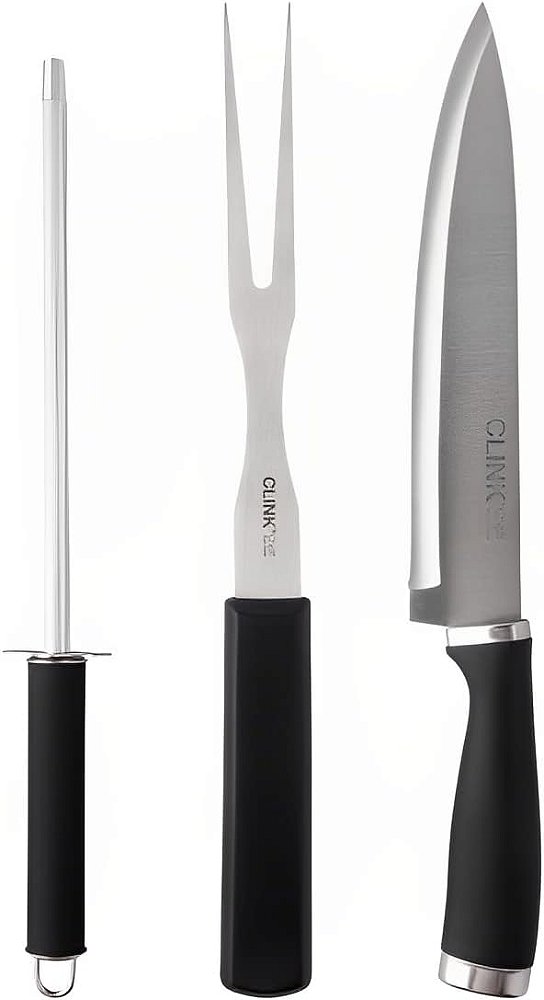 Kit para Churrasco 3 Pças Faca Garfo Chaira Cabo Preto CK 5968 Clink