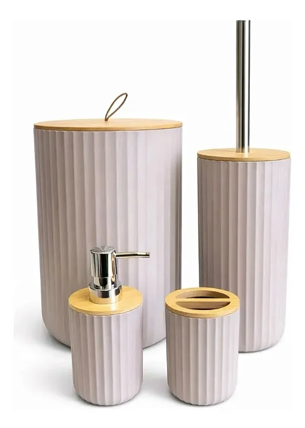 Conjunto Banheiro 4 Peças Bambu e Bege F0481 Flashgoods