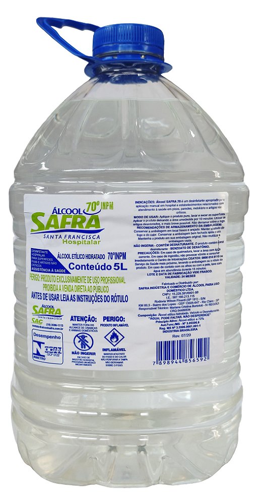 ALCOOL SAFRA LIQUIDO 70° 5L GALAO