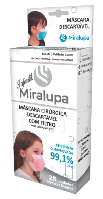 Máscara Infantil Descartável C/ Filtro BRANCA - 99% Prot Bacteriana - 25UN - MIRALUPA