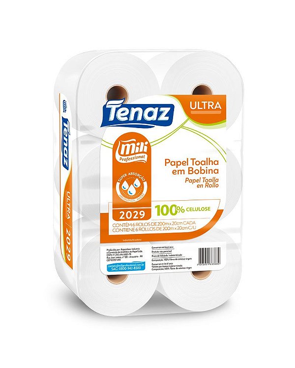 PAPEL TOALHA BOBINA TENAZ ULTRA 24G 6 ROLOS 200MX20CM CELULOSE MILI