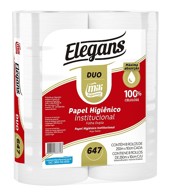 Papel higienico rolao folha dupla Duo Elegans Mili 100% 10x250 8un