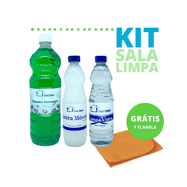 KIT SALA LIMPA CLIMPA - LUSTRA MOVEIS 500 + LIMPA VDROS 500 + LIMPADOR PERFUMADO 1L + BRINDE FLANELA