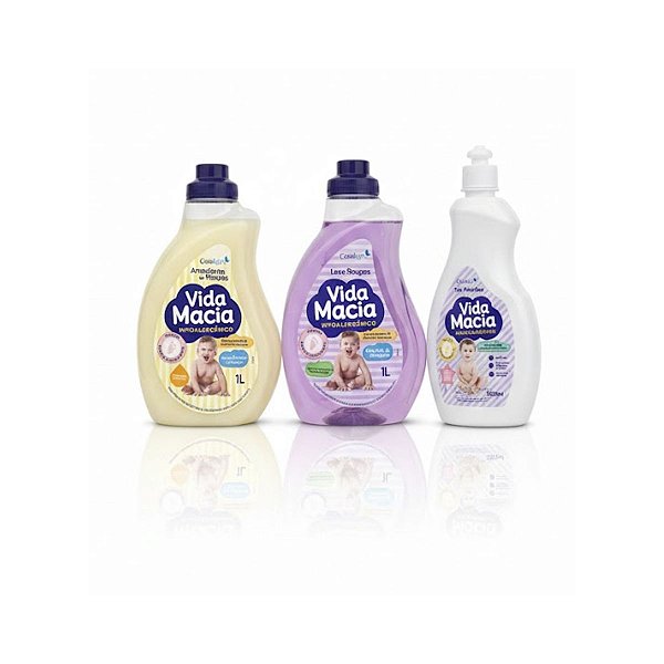 KIT VIDA MACIA LAVA ROUPAS 1L + AMACIANTE 1L + TIRA MANCHAS 500ML