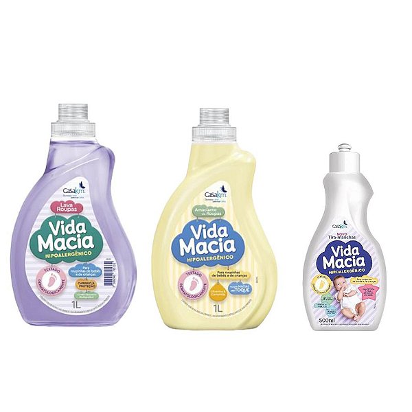 KIT VIDA MACIA LAVA ROUPAS 1L + AMACIANTE 1L + TIRA MANCHAS 500ML