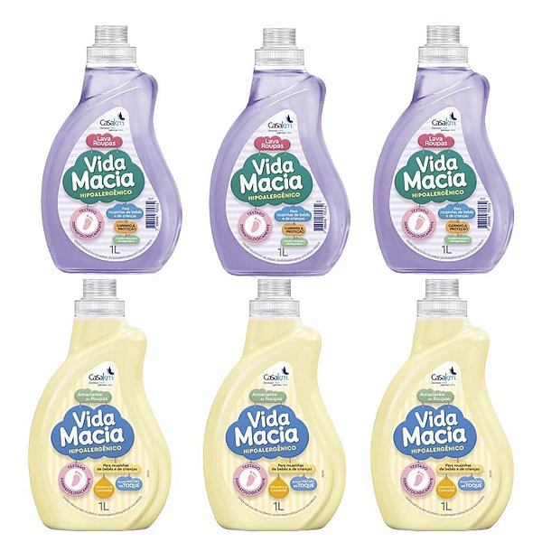 KIT VIDA MACIA: 3UN LAVA ROUPAS 1L + 3UN AMACIANTE CAMOMILA 1L