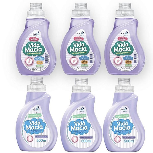 KIT VIDA MACIA: 3 UN LAVA ROUPAS 500ML + 3 UN AMACIANTE AMENDOAS 500ML