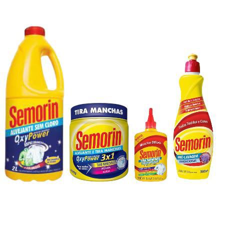 KIT SEMORIN: SEMORIN ALVEJANTE SEM CLORO 2L  + TIRA MANCHAS 100ml + TIRA MANCHAS EM PÓ 4 + PRÉ LAVAGEM TRADICIONAL 500ML