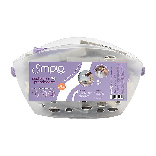 CESTO COM 36 PRENDEDORES DE PLASTICO MULTIUSO - SIMPLO LILAS