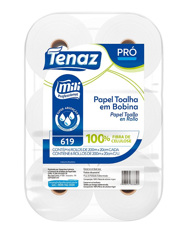 PAPEL TOALHA BOBINA TENAZ PRO 27G 6ROLOS 200MX20CM CELULOSE MILI