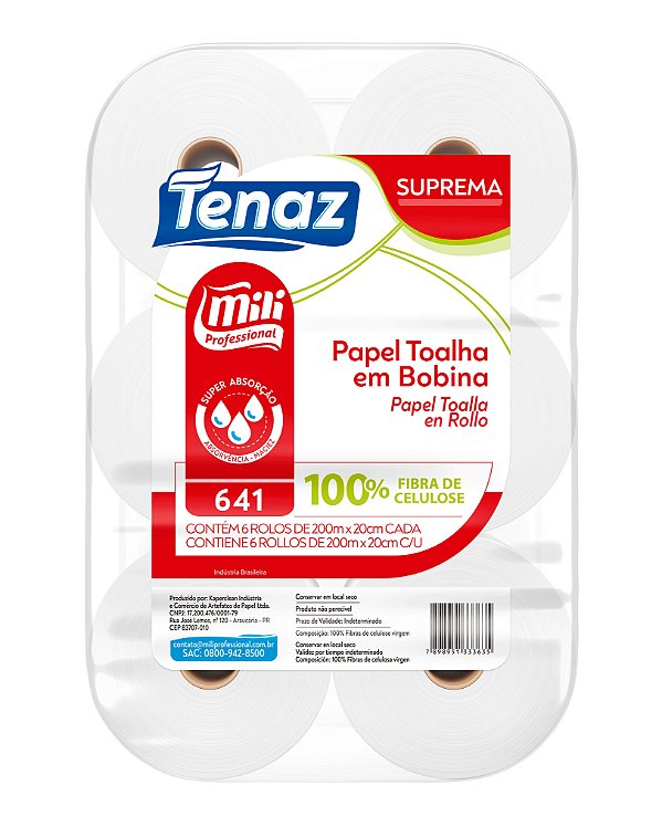 PAPEL TOALHA BOBINA TENAZ SUPREMA 34G 6ROLOS 200MX20CM CELULOSE MILI