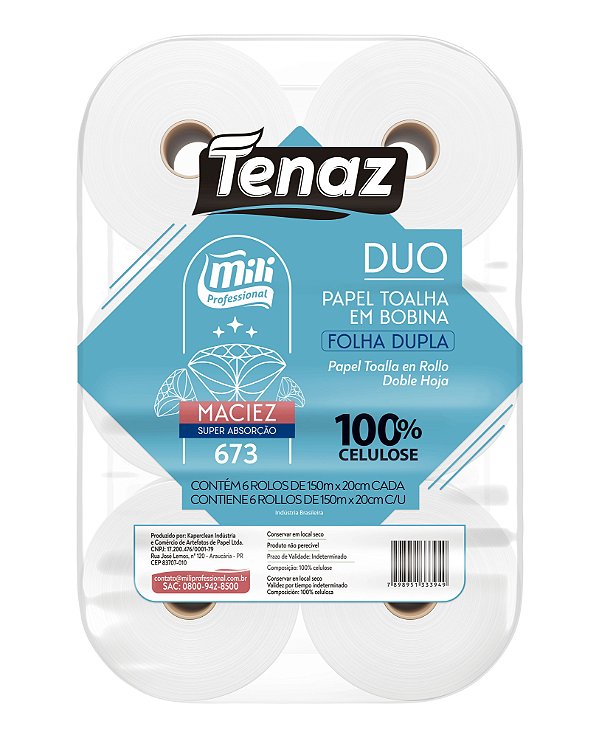 PAPEL TOALHA BOBINA TENAZ DUO 17+17G 6 ROLOS 150MX20CM CELULOSE MILI