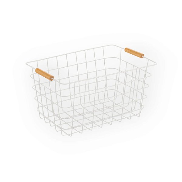 CESTO ARAMADO 24L COM ALCA DE BAMBU BRANCO OIKOS