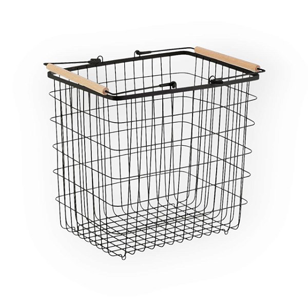 CESTO ARAMADO 47L COM ALCA DE BAMBU PRETO OIKOS