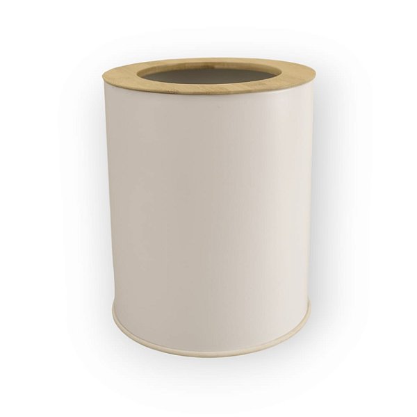 LIXEIRA 8L METAL COM TAMPA VAZADA DE BAMBU BRANCO OIKOS
