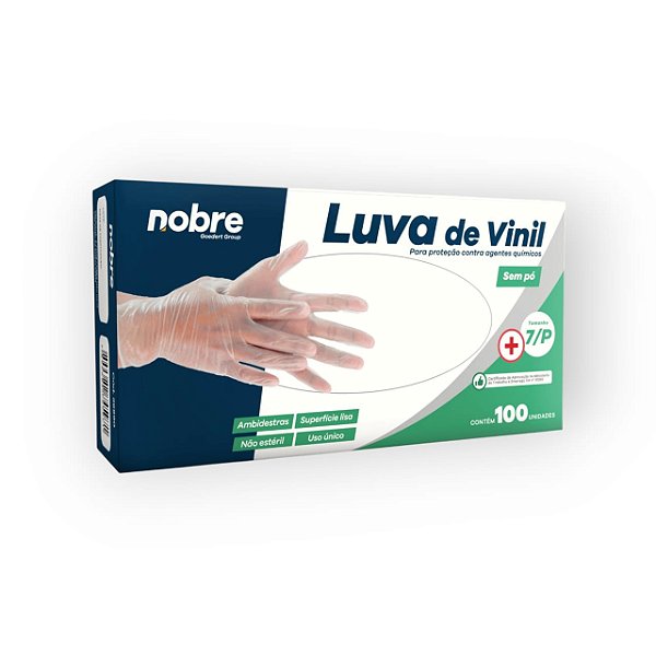 Luva vinil s/po protecao contra agentes quimicos "P" c/100unid - Nobre