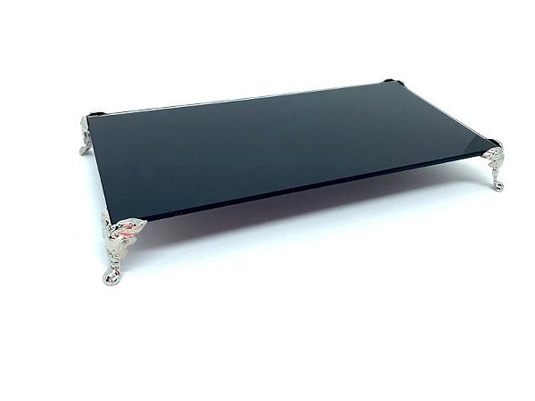 BANDEJA DE VIDRO PRETA C/ACABAMENTO PRATA 12X25