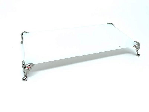 BANDEJA DE VIDRO BRANCA C/ACABAMENTO PRATA 12X25