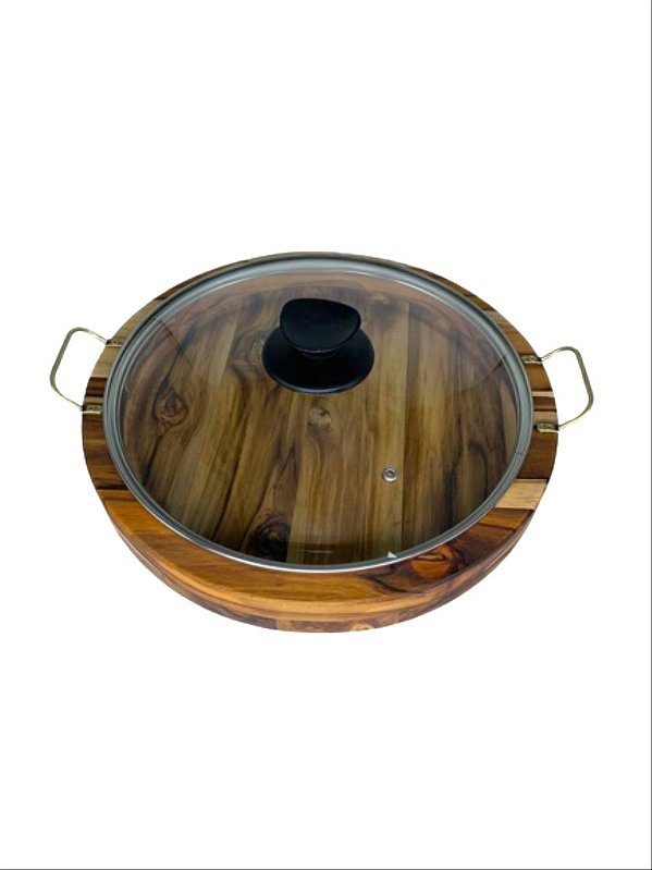 Gamela Redonda Para Servir Em Madeira Teca Com Alças E Tampa De Vidro 30cm - Le Requena