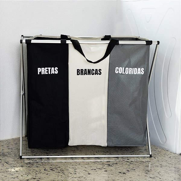 Cesto De Roupas Para Lavanderia Em Poliéster Com Alças E 3 Compartimentos Dobrável 65x38x57cm - Lyor