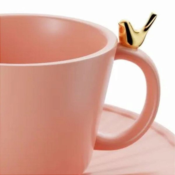 Conjunto 2 Xícaras De Chá Em Cerâmica Com Pires Rosa Colibri 190ml - Wolff