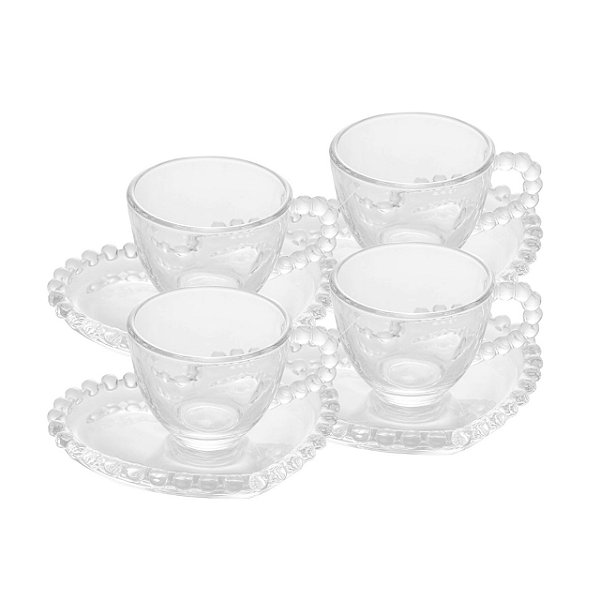 Conjunto 4 Xicaras Para Café Em Cristal C/ Pires Coração Pearl 85ml - Wolff