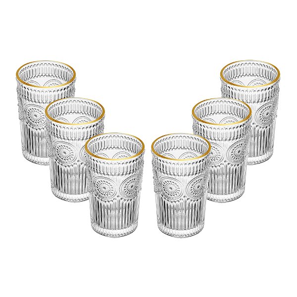 Conjunto 6 Copos Altos De Vidro Fio De Ouro Mandala 380 Ml - Wolff