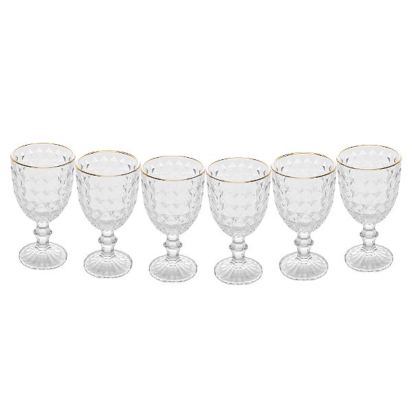 Conjunto 6 Taças Para Agua De Vidro Com Fio Dourado Roman 345 Ml Wolff