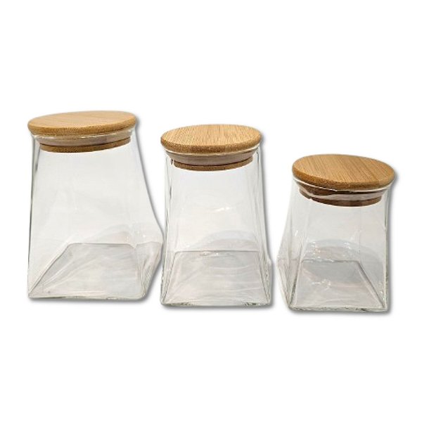 Kit 3 Porta Mantimentos Potes De Vidro Com Tampa De Bambu – 350ml, 500ml E 750ml - Wolff
