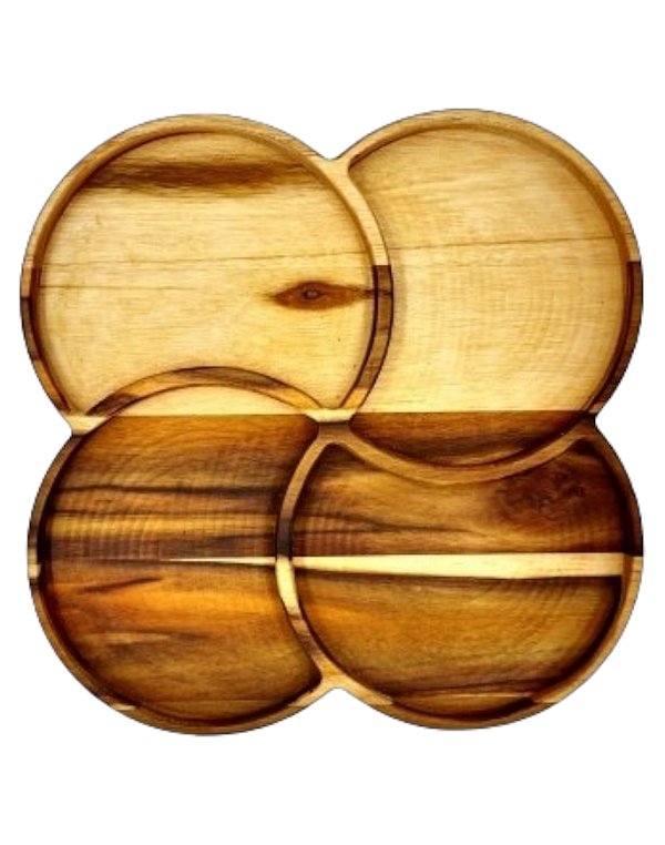 Bandeja Petisqueira Trevo Da Sorte Com 04 Divisórias 29cm Em Madeira Teca - Le Requena