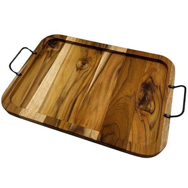 Bandeja Retangular De Madeira Teca Com Alças Para Servir 43x29cm - Le Requena