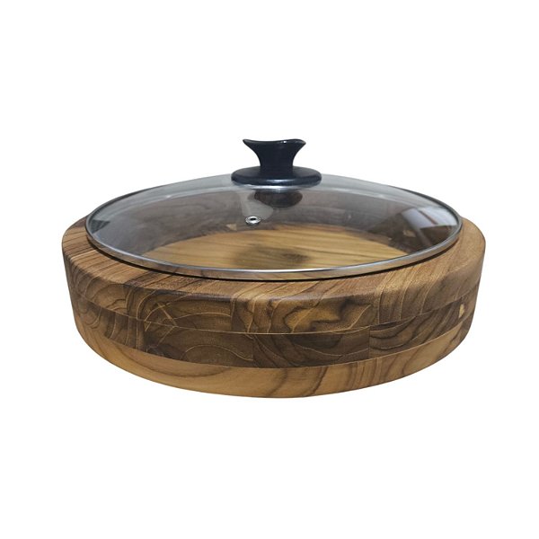 Gamela Redonda Com Borda Alta Em Madeira Teca E Tampa De Vidro - Le Requena
