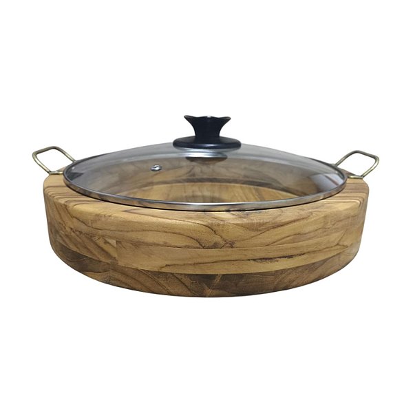 Gamela Redonda Com Borda Alta Em Madeira Teca, Alças Para Servir E Tampa De Vidro - Le Requena