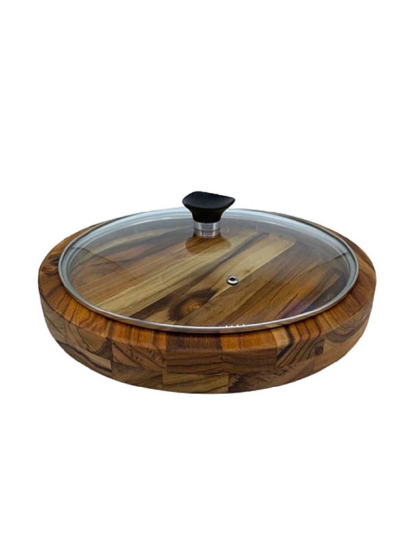 Gamela Redonda Para Servir Em Madeira Teca Com Tampa De Vidro 30cm - Le Requena