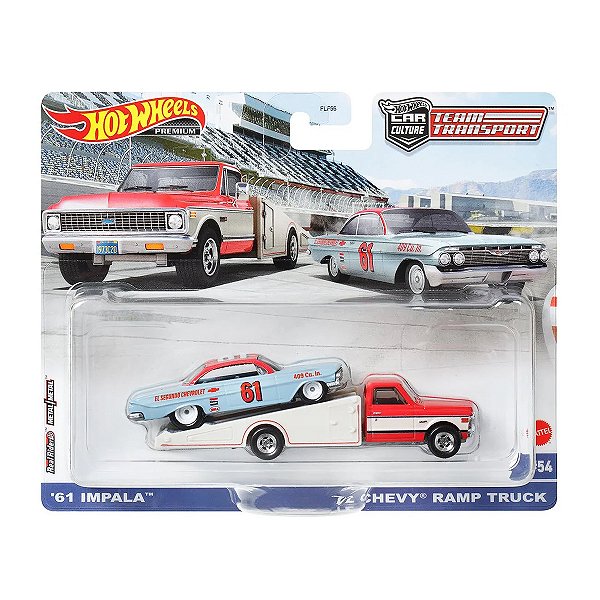 Team Transport Hot Wheels Premium Car Culture 72 Chevy Ramp Truck e 61 Impala ‎FLF56