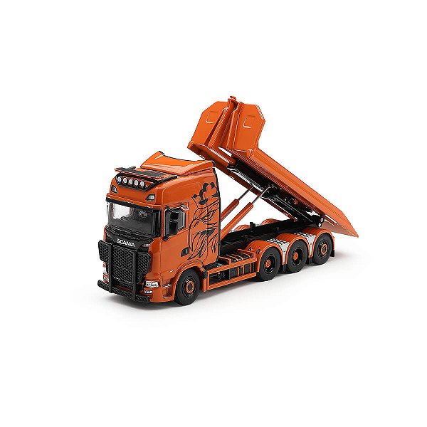 PRÉ-VENDA Mini GT #1392 Caminhão Scania 770S B8x4NA Hooklift Flatbed Orange 1:64