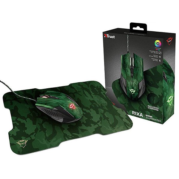 Kit Gamer Trust GXT 781 Rixa Camo: Mouse Gamer 3200 DPI + Mousepad Camuflado