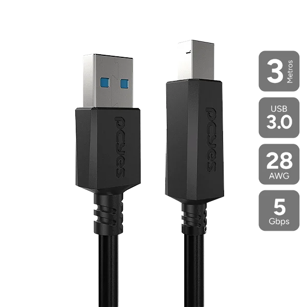 Cabo USB 3.0 para Impressora e HD Externo A/B 3m PCYES PUABM3-3