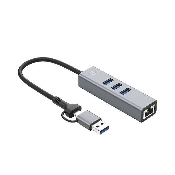 Hub Adaptador USB-C e USB 3.0 com Rede RJ45 Gigabit HU-LAN1000GY Cinza - C3Tech