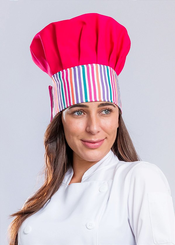 Touca Chefe - Pink com Aba em Listras Coloridas - uniblu