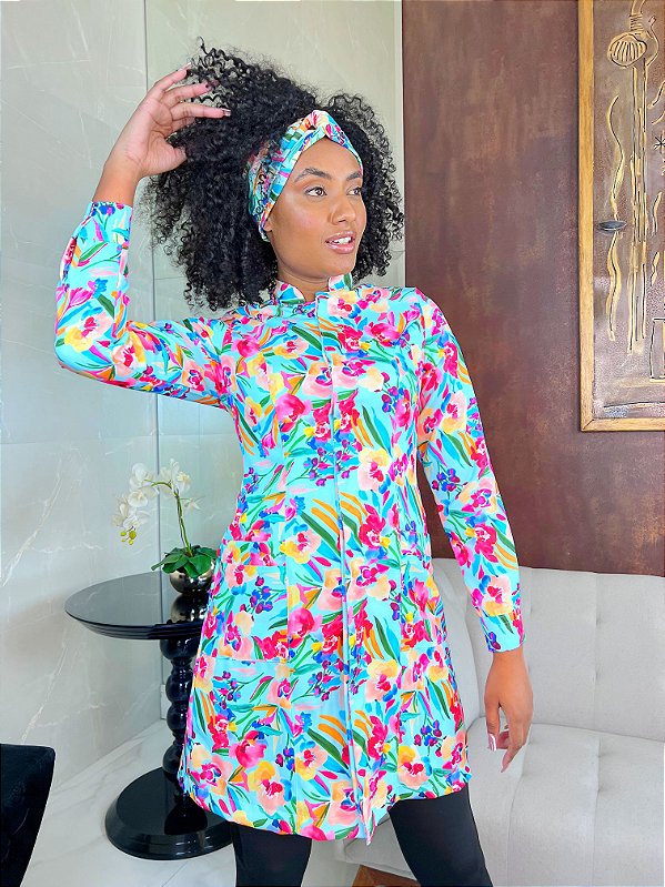 Jaleco feminino Imperatriz Slim - Tropical Flowers - Uniblu