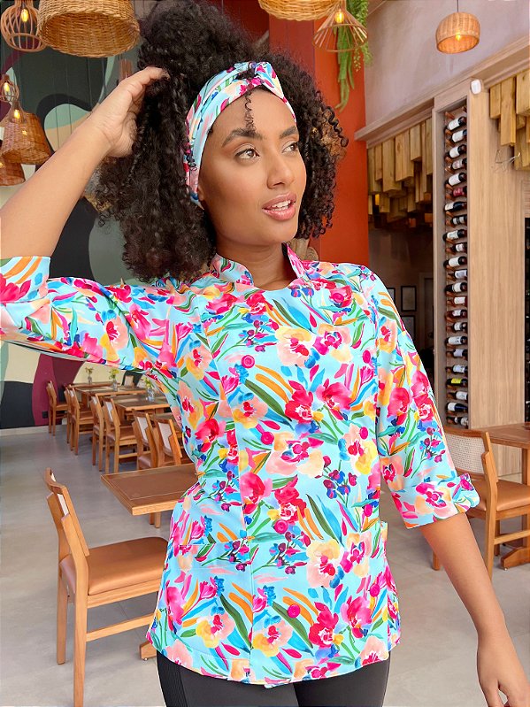 Camisa Feminina Chefe Cozinha - Tropical Flowers - Uniblu - Personalizado