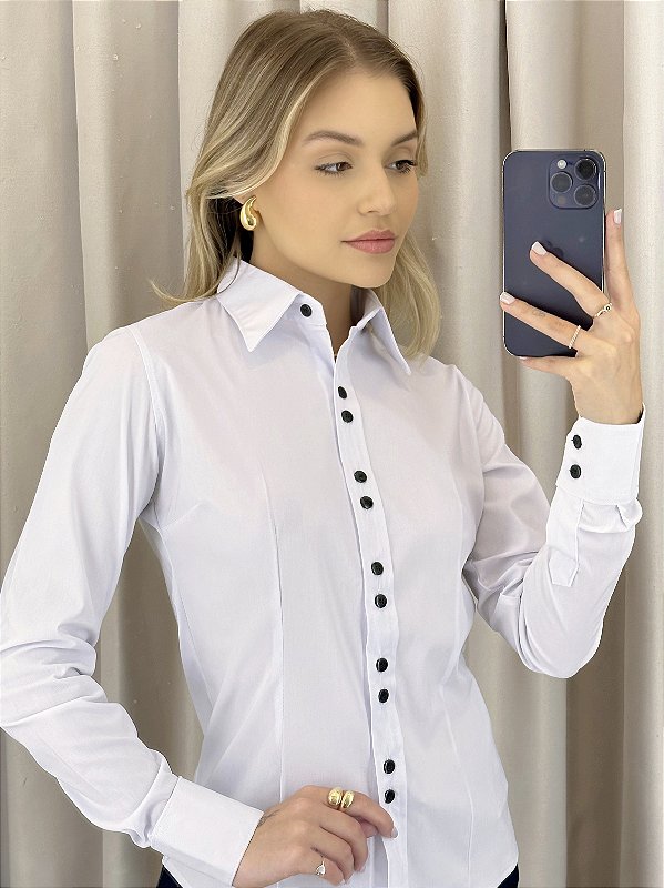 Camisete Social Manga Longa Tecido Alfaiataria com Elastano - Branco - Uniblu - Personalizado