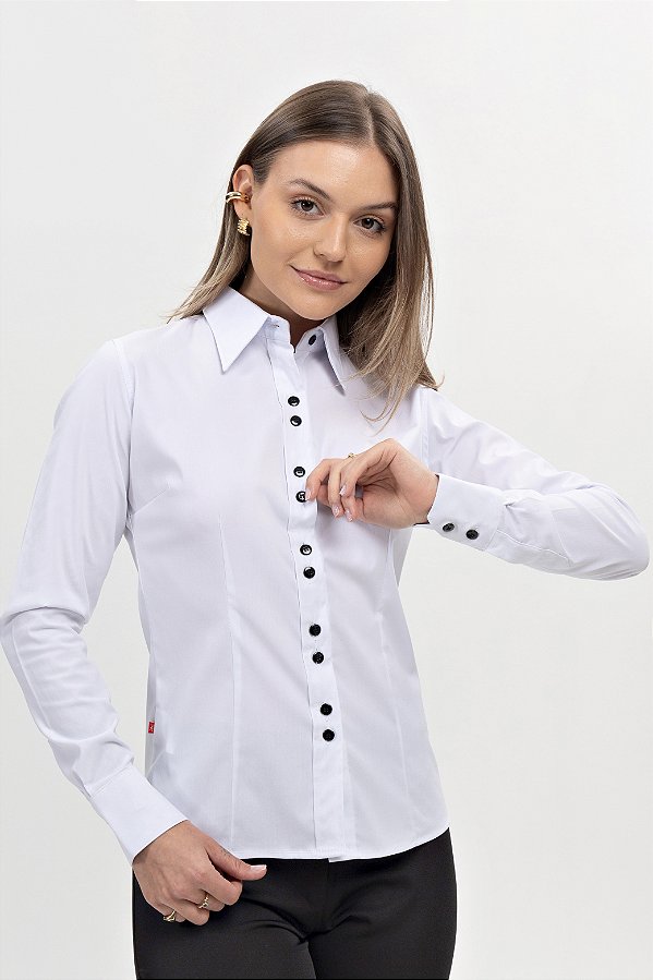Camisete Social Manga Longa Tecido Alfaiataria com Elastano - Branco - Uniblu - Personalizado