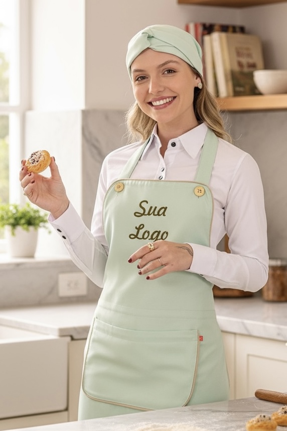 Avental Gourmet - Microfibra Italiana Verde Sálvia Com Viés Bege - Uniblu - Personalizado